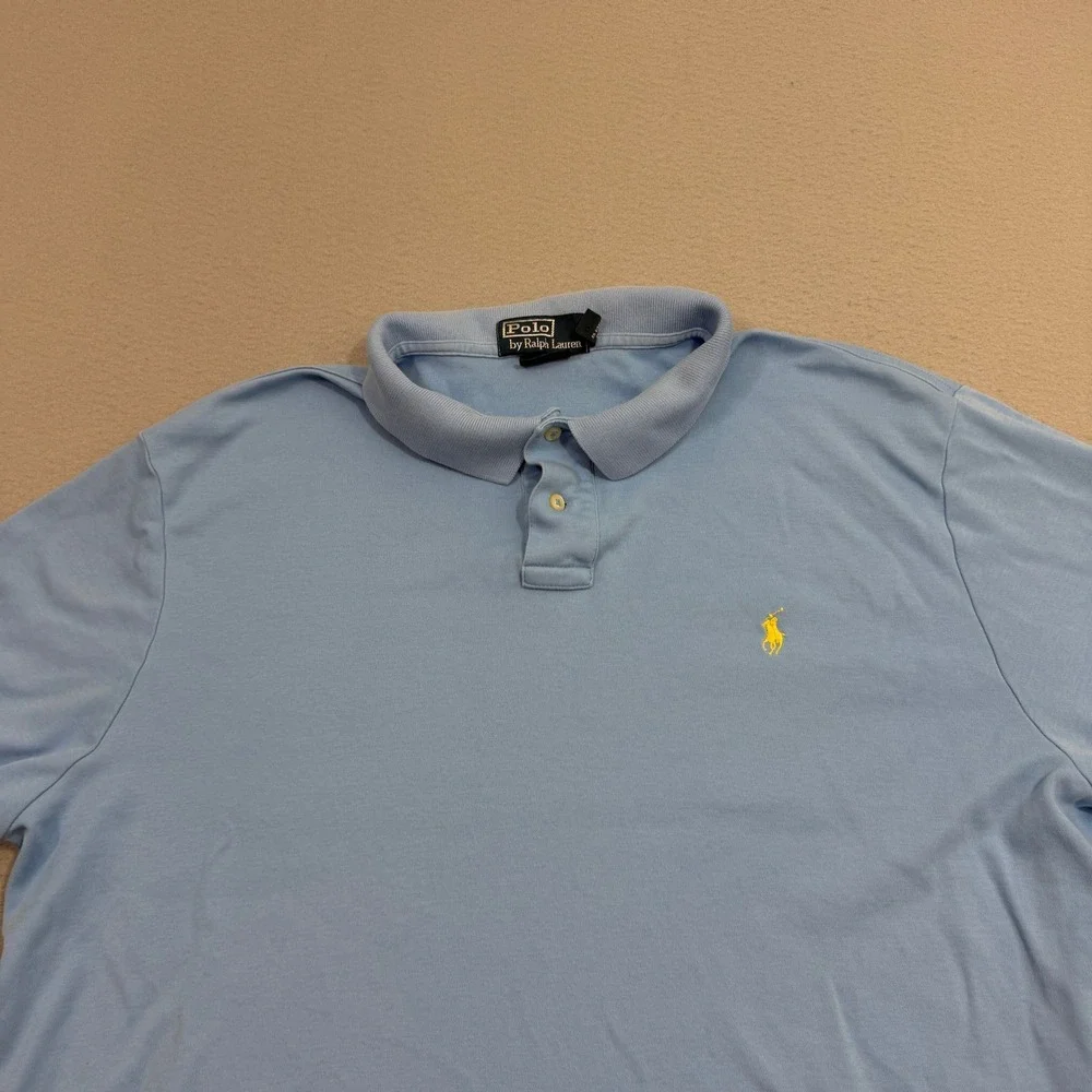 Vintage Polo Ralph Lauren Shirt Men XXL Blue Custom Fit Short Sleeve Yellow Pony